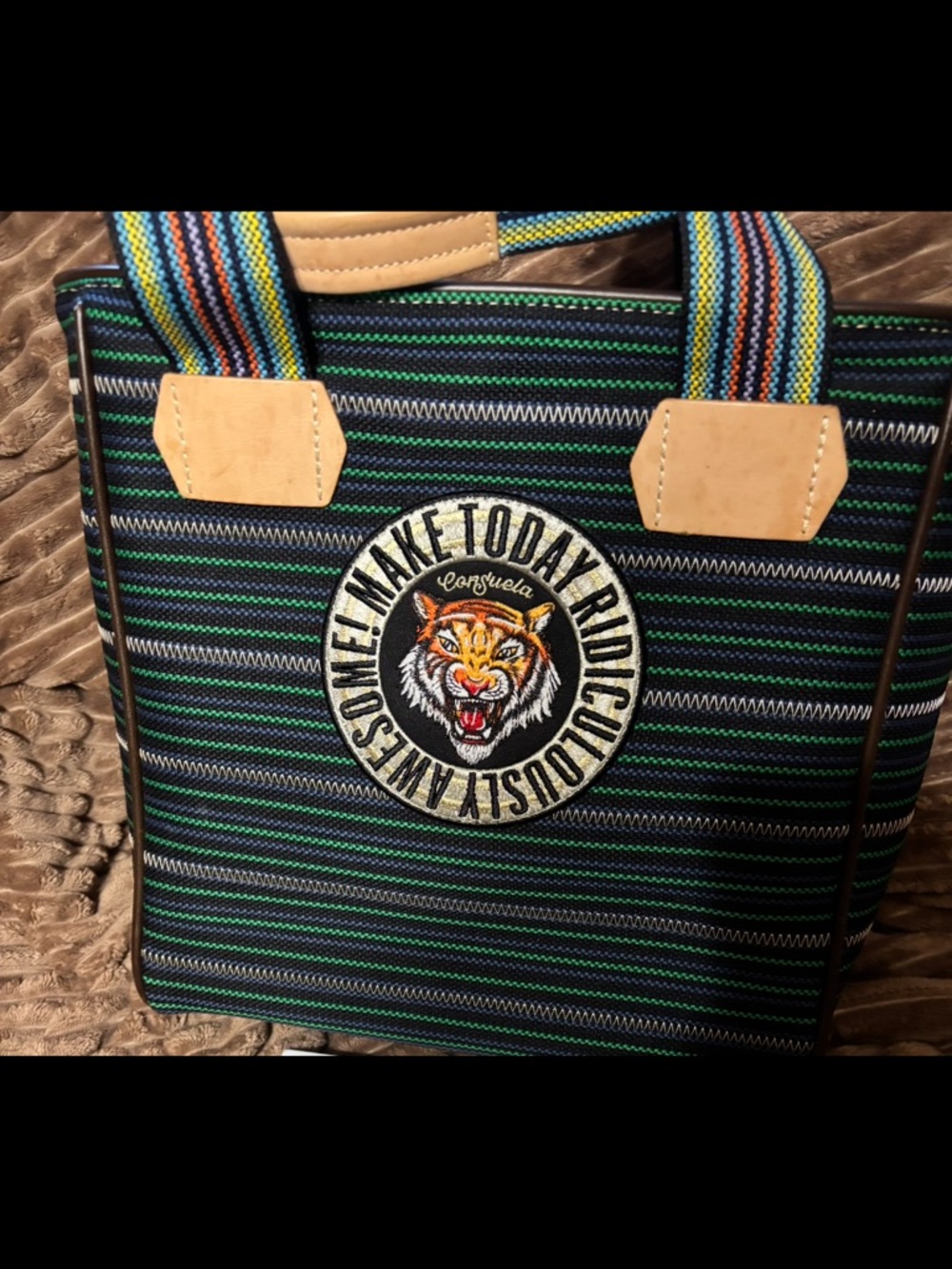 Consuela Navy and Green Striped Tote with Tiger Patch Classic Tote
